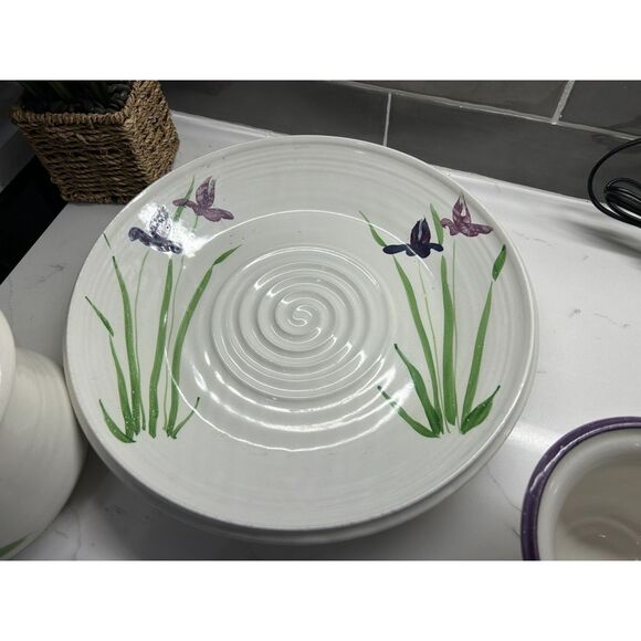 VINTAGE Contemporary Pottery Dip Chiller/Warmer Irises 3 pcs With XL Chip Tray - Picture 4 of 12